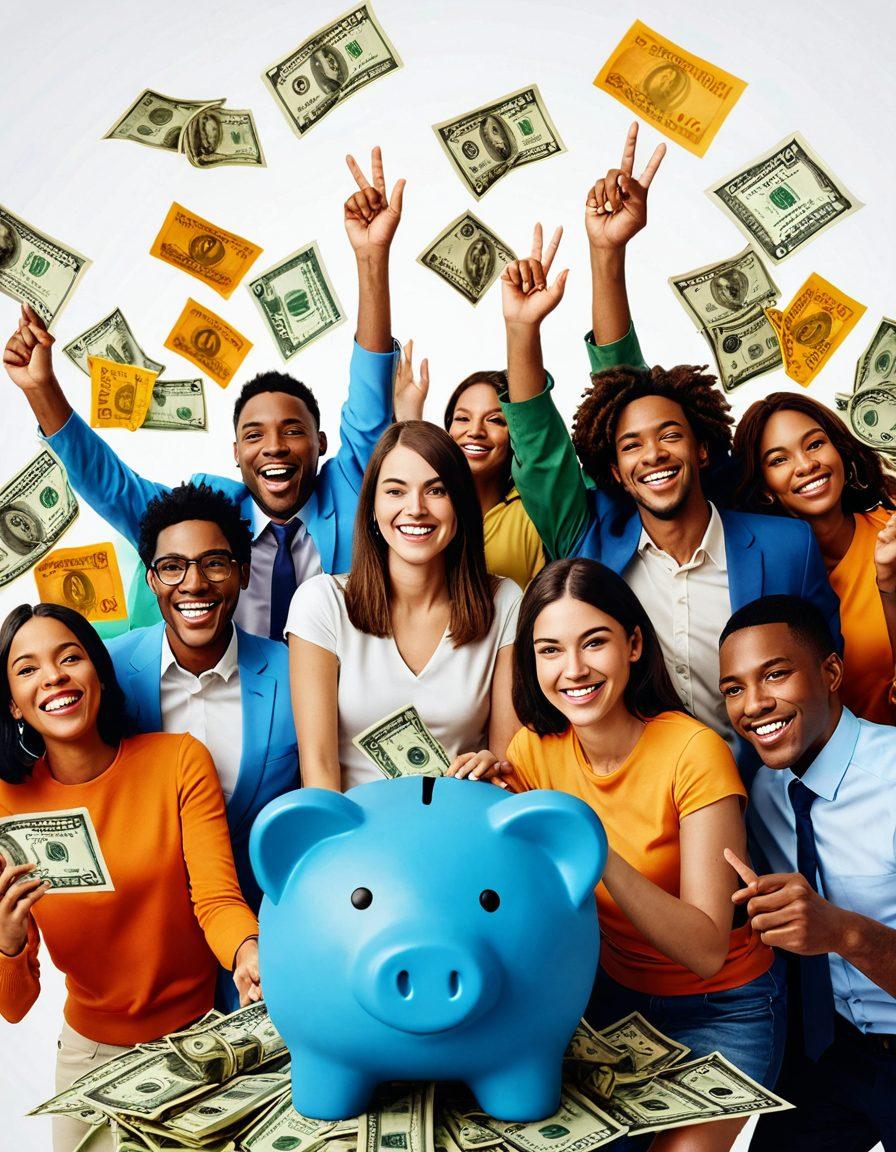 A visually engaging collage showcasing a diverse group of people happily receiving payday loans at a modern and welcoming bank. Include vibrant graphics of money with icons representing quick solutions and financial growth, set against a bright and optimistic background. Make it feel friendly and accessible. 3D. vibrant colors. white background.