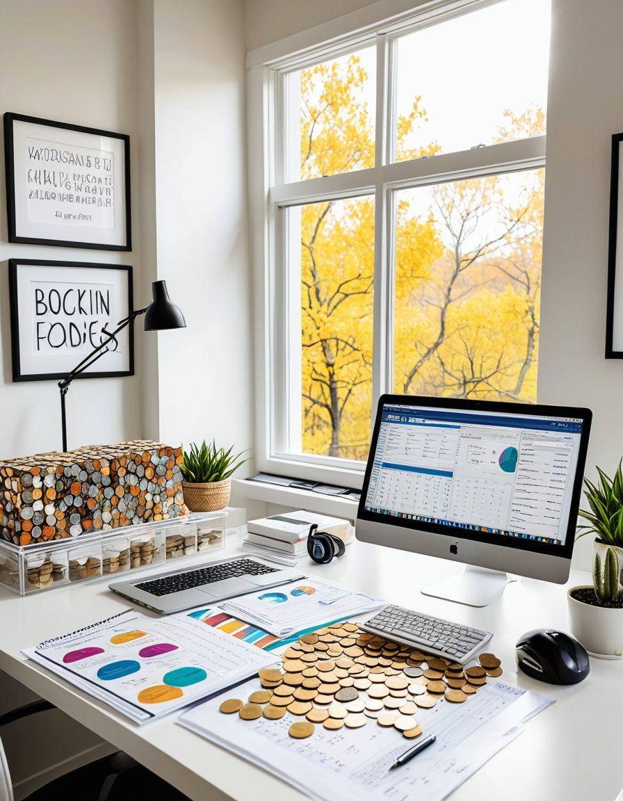 A modern home office setting with a laptop displaying a financial dashboard, stacks of coins beside it, and a person analyzing documents, surrounded by motivational quotes about financial freedom. A bright, welcoming atmosphere with natural light streaming through a window. super-realistic. vibrant colors. white background.