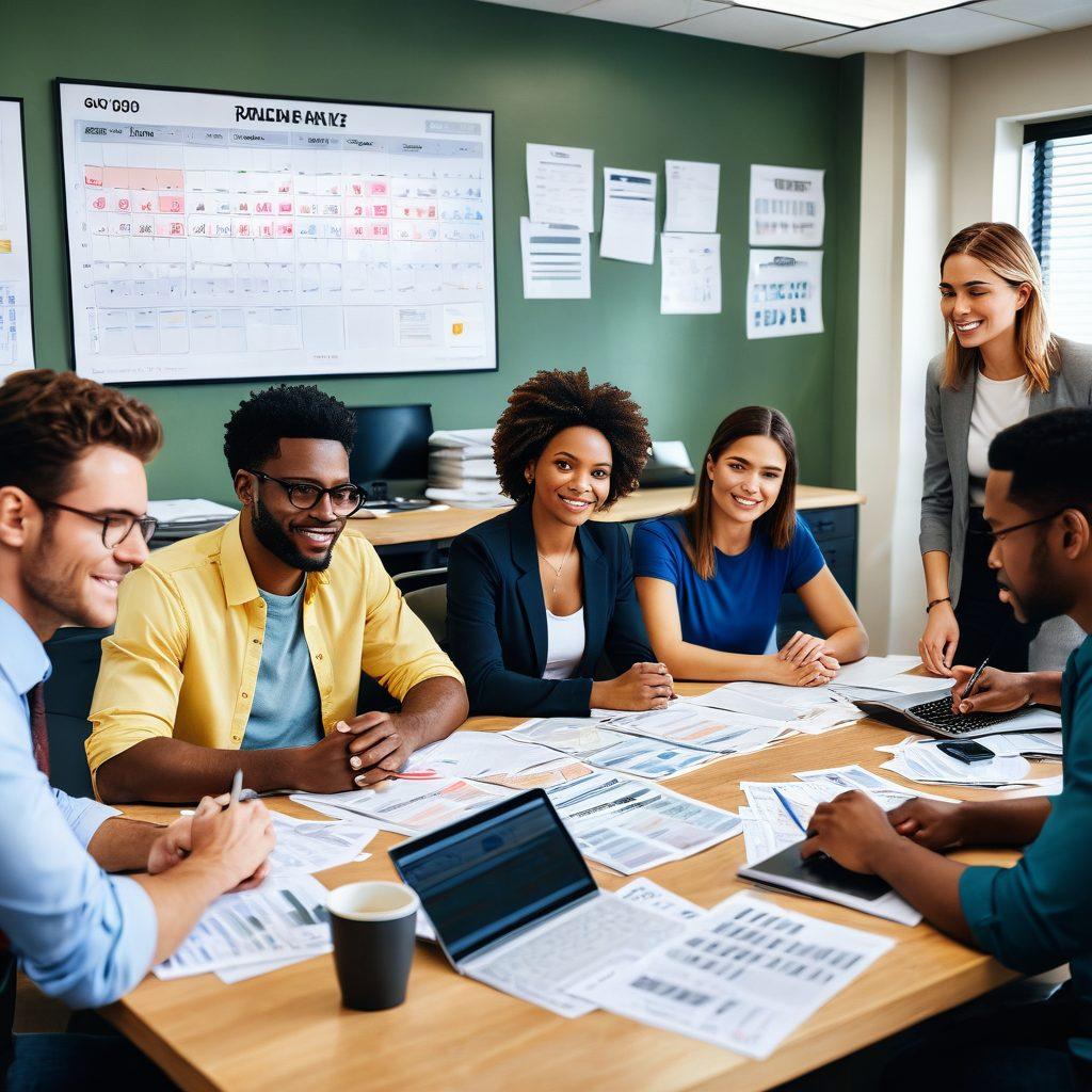 A visually engaging scene depicting a diverse group of people in a cozy, modern office environment discussing financial documents with expressions of relief and hope. Include elements like a large calendar showing payday, stacks of cash, and a laptop with a webpage displaying a payday service. The background should have motivational quotes and a soft, warm color palette to evoke a sense of trust and support. super-realistic. vibrant colors. soft focus.